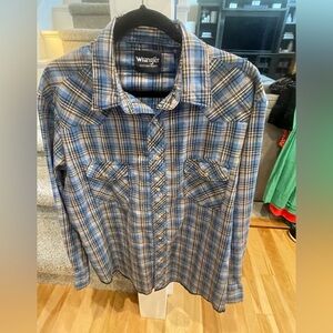 Vintage Wrangler Wrancher Pearl Snap Blue Checkered Western Rodeo Shirt Men's XL